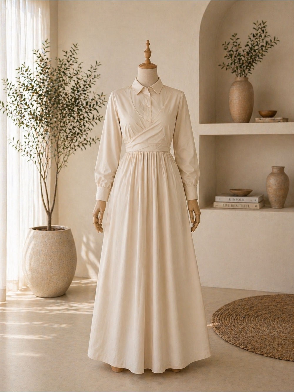 Elegant Cream Long-Sleeve Maxi Shirt Dress